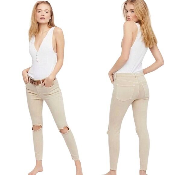 FREE PEOPLE‎ Womens Jeans SZ 27R Midrise Khaki Busted Knee Skinny Stretchy Boho - Picture 2 of 13
